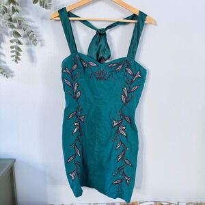 Free People Dress Fairy Teal Beaded Mini Smocked Halter Floral Embroidery Sheath